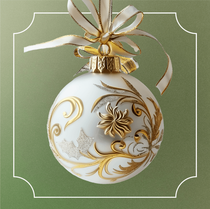 Boule de Noël verre mercuré dorée avec motifs blancs