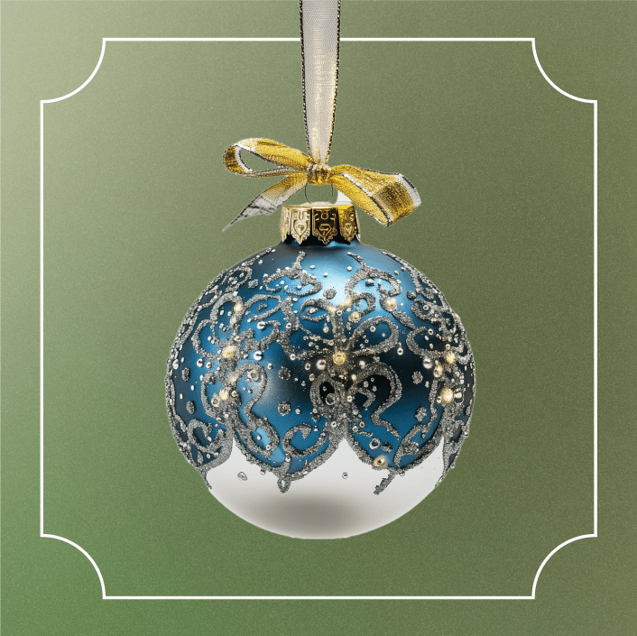 Boule de Noël verre mercuré dorée avec motifs bleus