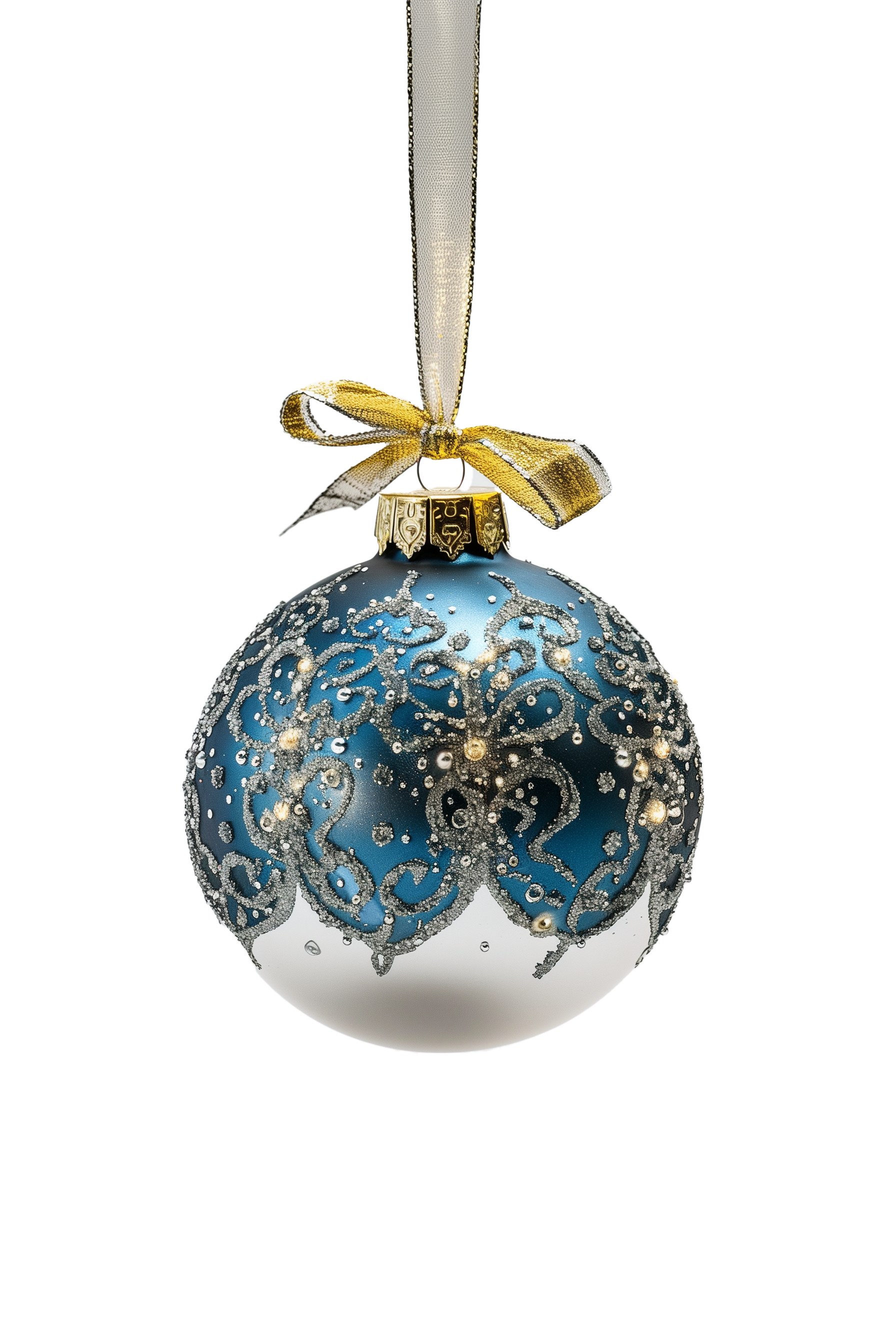 Boule de Noël verre mercuré dorée avec motifs bleus